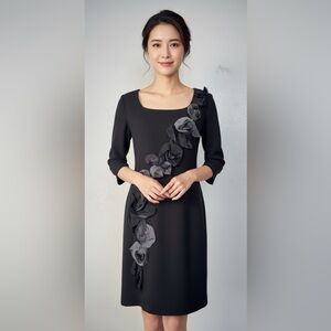 SL Fashion Sheath Black Dress 3D Floral Decorative Applique 3/4 Sleeve Mini Sz 8